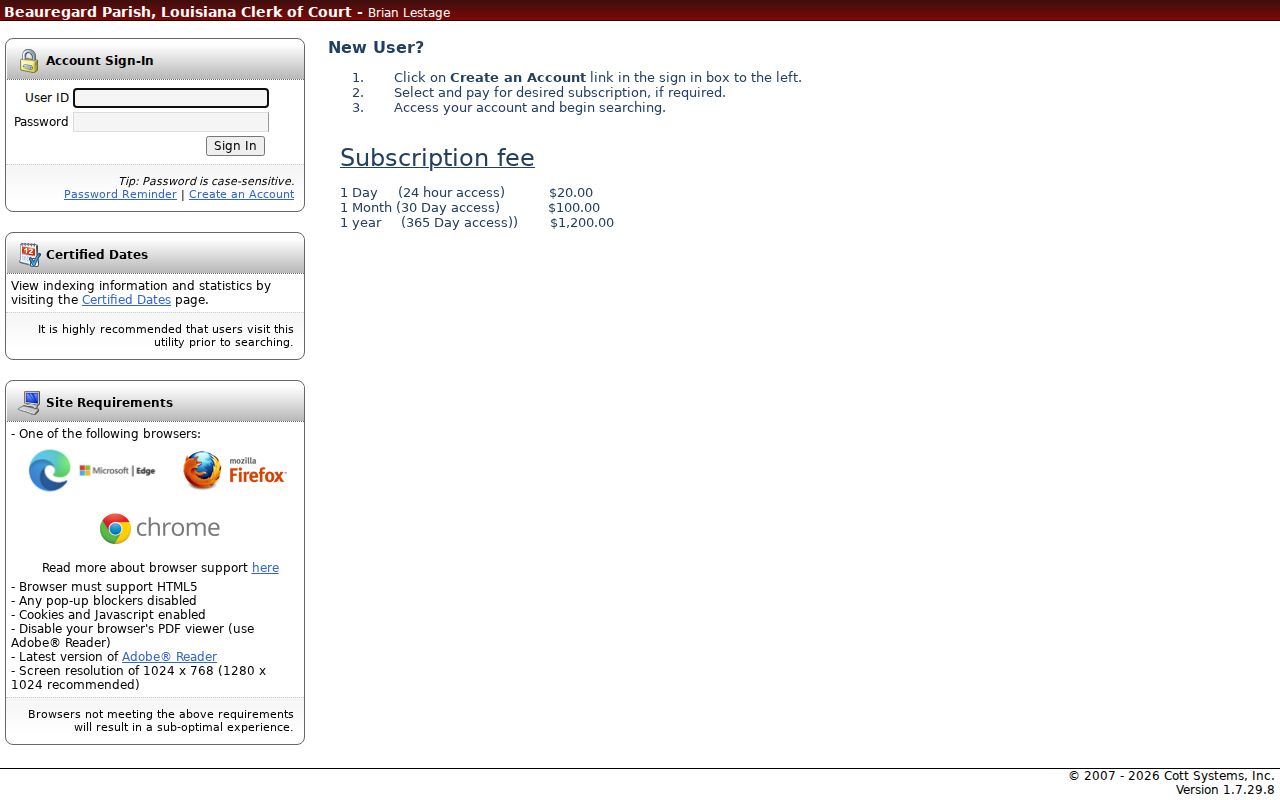 Beauregard Parish case lookup eSearch landing page for the clerk index