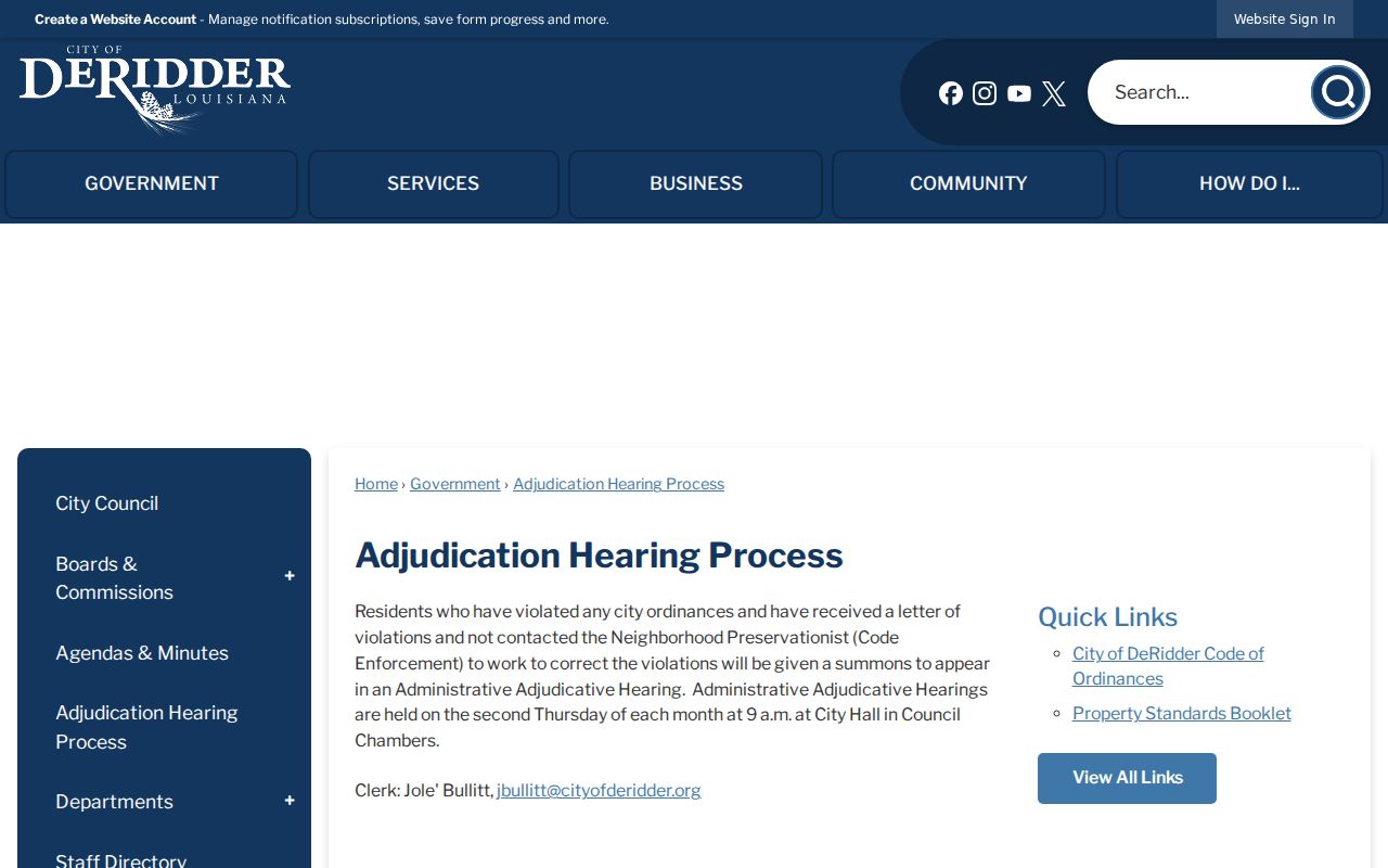 DeRidder court docket administrative code-enforcement hearing calendar at City Hall